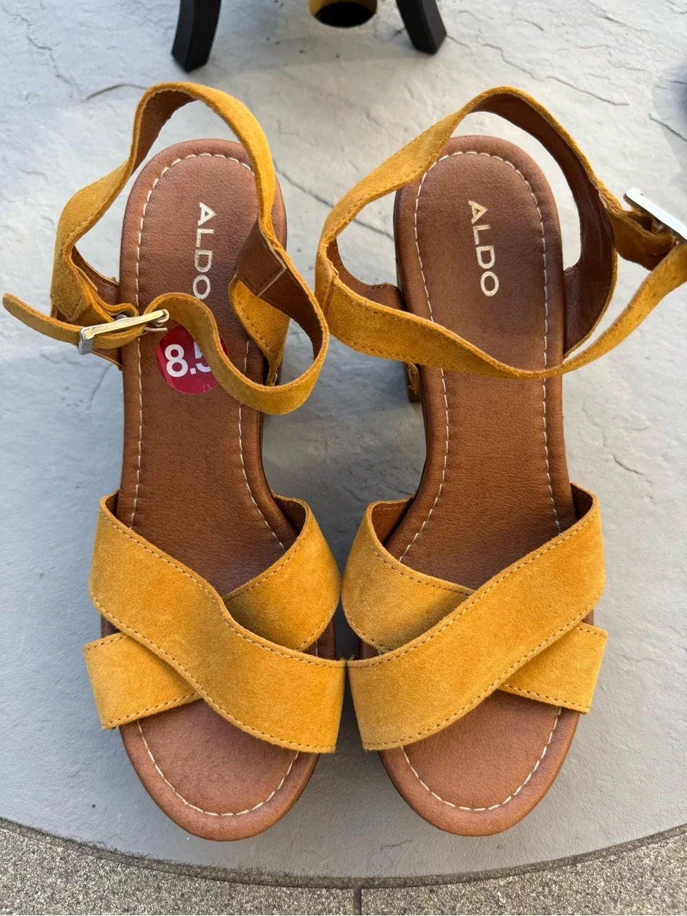 Aldo Mustard Suede Platform Sandals with Wood-Effect Block Heel